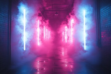 Wall Mural - A large, dark alley with blue and pink neon lights, smoke in the air, serves as a photography backdrop for photoshoots. Futuristic Sci-Fi Atmosphere