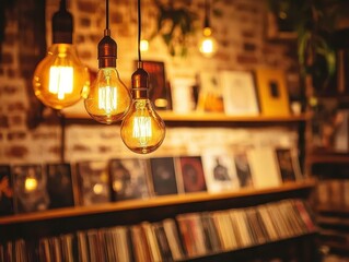 Wall Mural - vintage record store interior with warm edison bulbs illuminating rows of vinyl albums, music memorabilia, and listening stations, creating nostalgic atmosphere