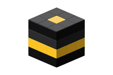 Aufkleber - A 3D isometric rendering of a cube, primarily black with yellow accents on the center and midsection. background removed