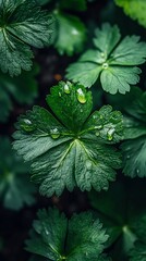 Sticker - Dewdrops on lush green leaves, close-up, nature background, ideal for spring or wellness themes