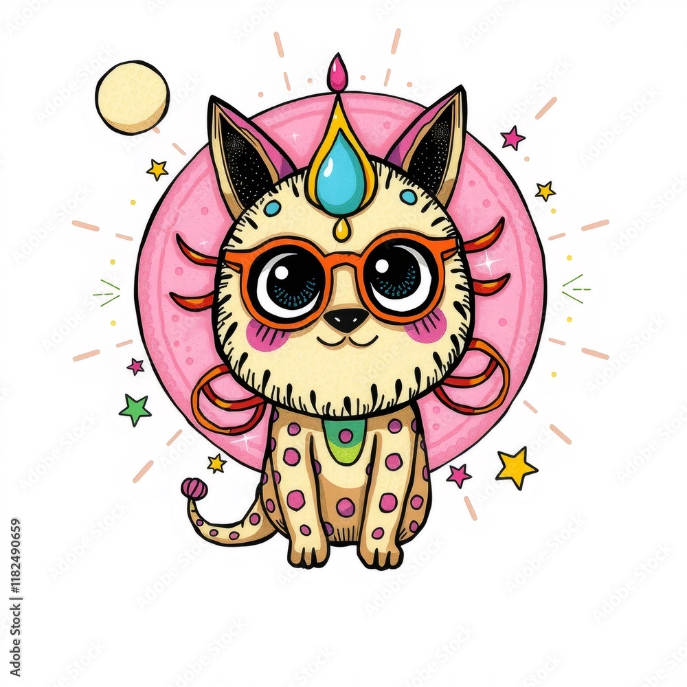 Cute cartoon cat wearing sunglasses with a pink halo and stars. Stock ...