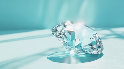 Brilliant solitaire diamond on turquoise background with sunlight reflections