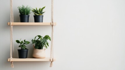 Canvas Print - Minimalist hanging wooden shelves with indoor potted plants on rope