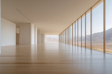 Poster - Minimalist interior with panoramic desert view through floor-to-ceiling windows