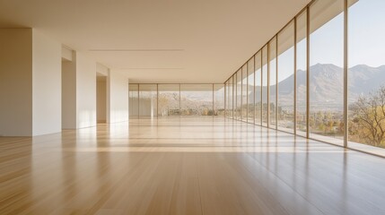 Wall Mural - Modern minimalist interior with panoramic mountain views and hardwood flooring