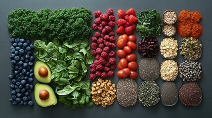 Wall Mural - Diverse superfoods display with berries, seeds, and greens for a healthy diet