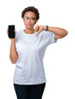 © Krakenimages.com - Young african american woman showing smartphone screen over isolated background with angry face, negative sign showing dislike with thumbs down, rejection concept