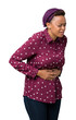 © Krakenimages.com - Beautiful young african american woman wearing head scarf over isolated background with hand on stomach because nausea, painful disease feeling unwell. Ache concept.