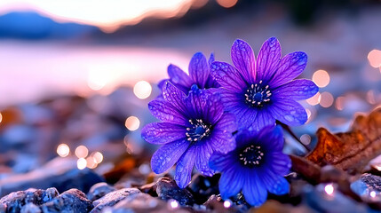 Sticker - A close-up of vibrant purple flowers resting on a rocky surface, with a soft, blurred background of water and light, creating a serene and natural atmosphere.