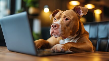 Focused Pit Bull Dog Typing on Laptop in Cozy Setting