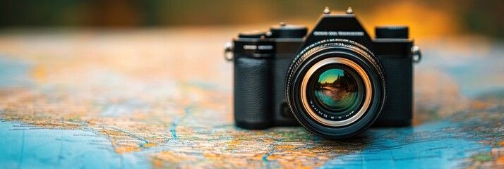 A camera sits on a world map, symbolizing travel and adventure in a serene environment