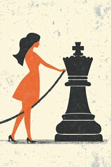 Wall Mural - An artistic banner collage depicting a strong young woman playing chess, fighting for victory, and controlling the knight and horse pieces