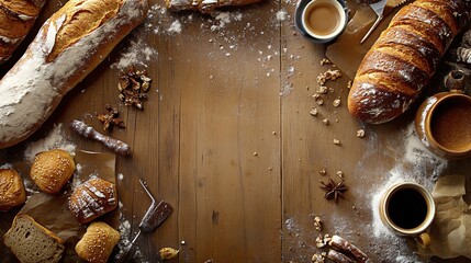 Wall Mural - Artisan Breads and Coffee on Rustic Wood Background