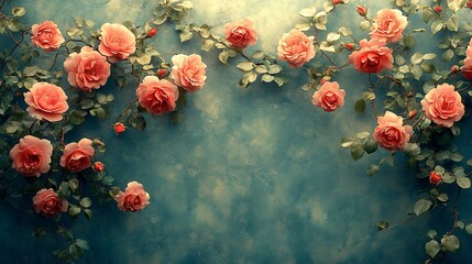 Wall Mural - Delicate Peach Roses Climb a Teal Wall