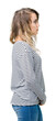 © Krakenimages.com - Beautiful young blonde woman wearing stripes sweater over isolated background looking to side, relax profile pose with natural face with confident smile.