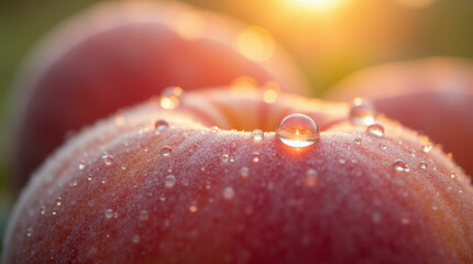 Wall Mural - Dewdrops resting on a fuzzy peach skin, illuminated by diffused natural light