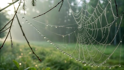 Macro shot of dew drops on a spider web, suspended in front of a blurred forest background