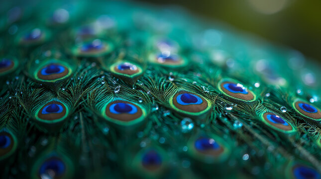 Macro shot of water droplets caught on the shimmering tail feathers of a peacock