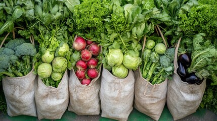 Wall Mural - Fresh organic vegetables in burlap sacks at farmers market display