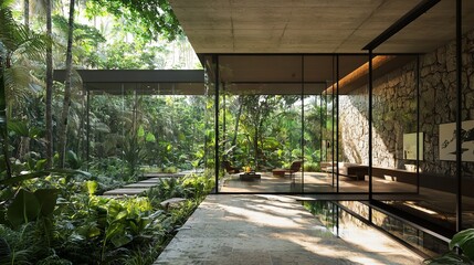 Poster - Modern glass house in luxurious jungle setting with natural light and lush greenery