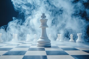 Wall Mural - Chess pieces set against a dark backdrop. Strategic mist. Epic chess battle. Concept of a chess game