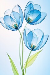 Sticker - Dreamy arrangement of glowing blue tulips on a pastel blue background creates a serene and artistic floral display