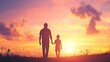 © Atmospheric stock - Silhouette of a father and son walking at sunset in serene landscape