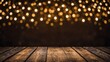 © Toni DiSalvo - Rustic wood board mockup surface with gold bokeh lights and dark wall background