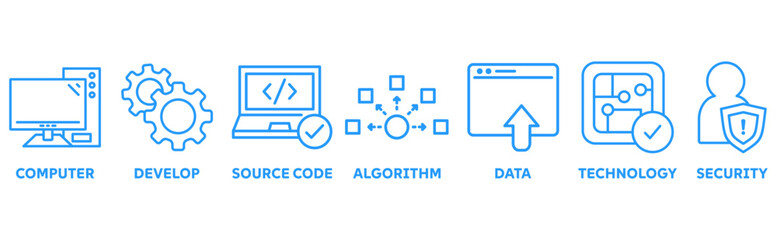 Programming icon set illustration concept with icon of computer, develop, source code, algorithm, data, technology, security	
