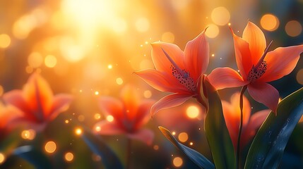 Wall Mural - Two Orange Flowers Bloom in Golden Sunset Light