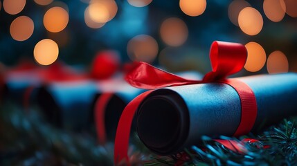 Elegant holiday gift with red ribbon amid bokeh light background