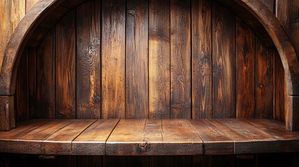 Sticker - Rustic wooden shelf with dark grains and warm tones in natural light setting