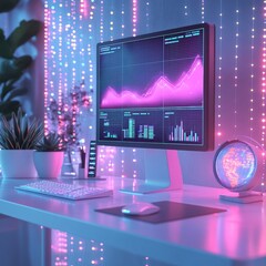 Poster - Pastel Global Economy Analysis Minimalist Workspace with Abstract Financial Charts