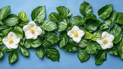 Wall Mural - Beautiful white flowers and lush green leaves create a vibrant backdrop on blue wall