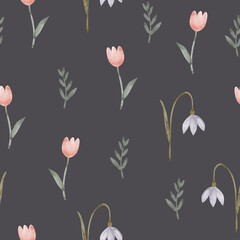 Wall Mural - Seamless floral pattern with soft pink tulips and delicate spring flowers on grey background, watercolor illustration