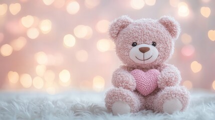 Wall Mural - Cute pink teddy bear with heart on fluffy carpet and bokeh background