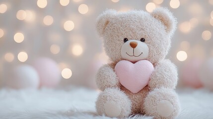 Wall Mural - Cute teddy bear holding heart with soft bokeh lights