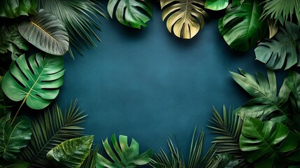 Sticker - Lush green tropical leaves frame a vibrant blue background for creative designs