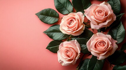 Sticker - Fresh pink roses arranged beautifully on coral background with green leaves