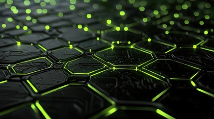Abstract circuit board design featuring green hexagonal patterns digital environment technology concept