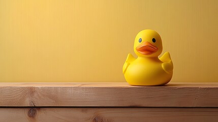 Sticker - Bright yellow rubber duck on a wooden surface against a yellow wall