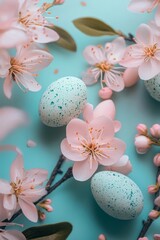 Wall Mural - Delicate pink blossoms and speckled eggs on a soft blue background