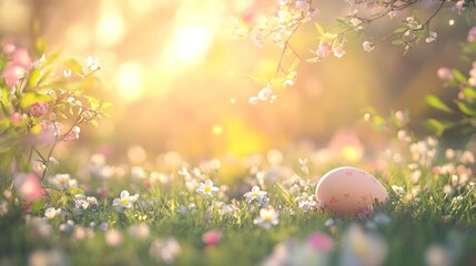 Wall Mural - Serene spring meadow with decorated easter egg in blossoming garden