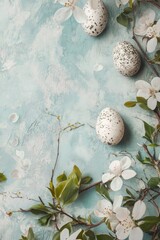 Wall Mural - Decorative painted eggs and cherry blossoms on textured blue background