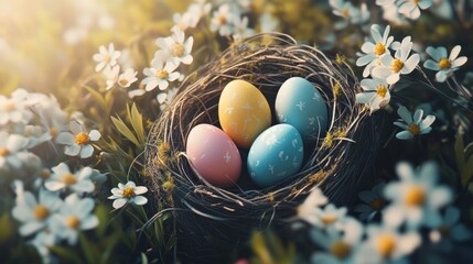 Colorful easter eggs in nest surrounded by spring flowers in sunlight