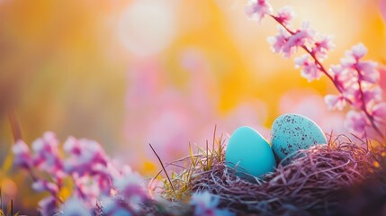 Sticker - Colorful easter eggs in a nest with blossoms at sunrise