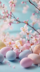 Wall Mural - Colorful easter eggs and cherry blossoms against a light blue background