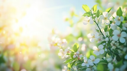 Canvas Print - Spring blossoms in sunlight: white flowers and green leaves in bloom