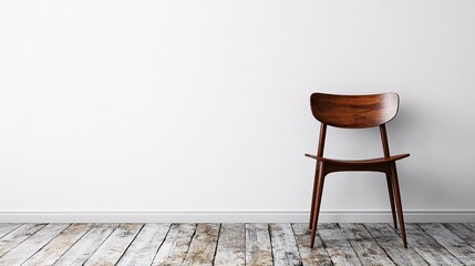 Sticker - Minimalist wooden chair against a simple white wall in a serene interior space