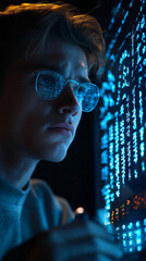 young coder immersed in digital world while analyzing glowing data on a screen in a modern workspace